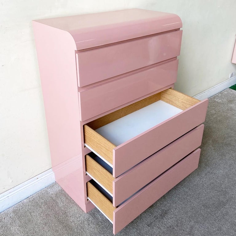 Postmodern Pink Lacquer Laminate Highboy Waterfall Dresser, 5 Drawers