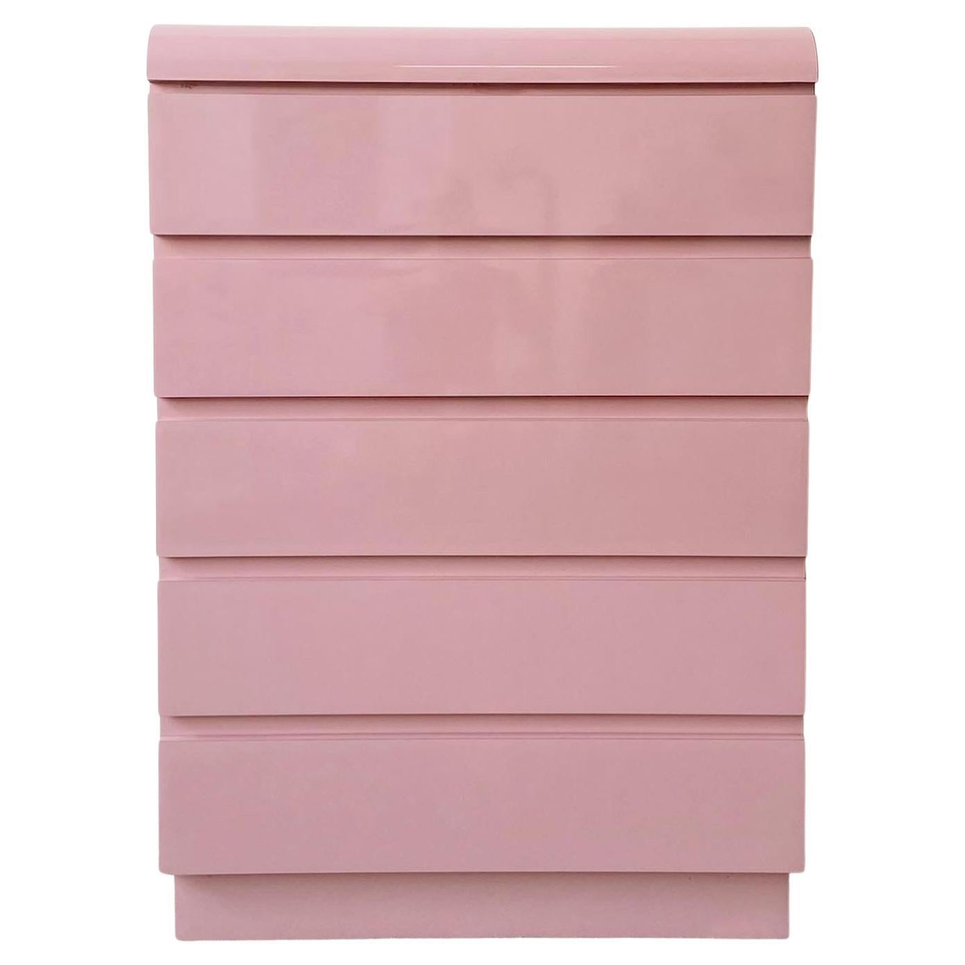 Postmodern Pink Lacquer Laminate Highboy Dresser For Sale at 1stDibs
