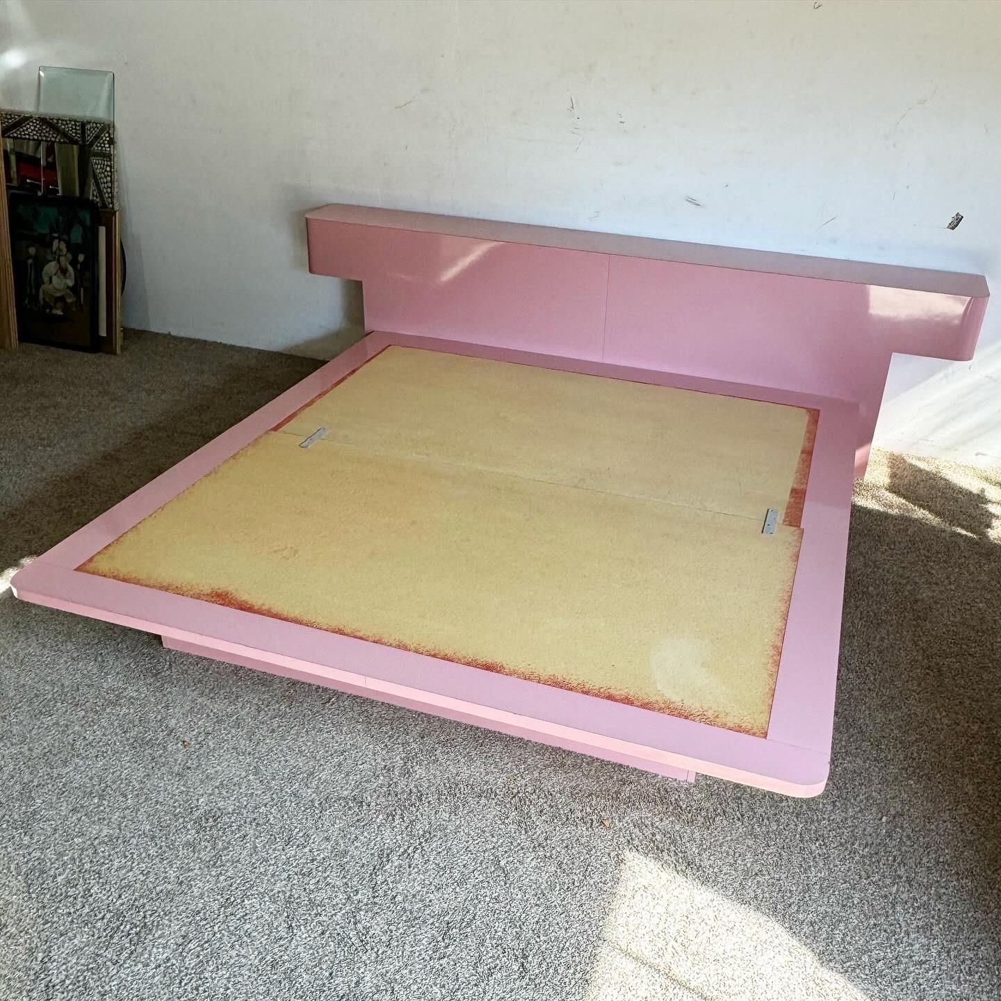 Postmodern Pink Lacquer Laminate King Size Platform Bed and Headboard For Sale 3
