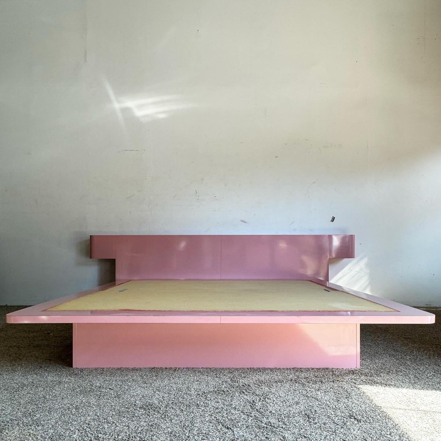 Post-Modern Postmodern Pink Lacquer Laminate King Size Platform Bed and Headboard For Sale