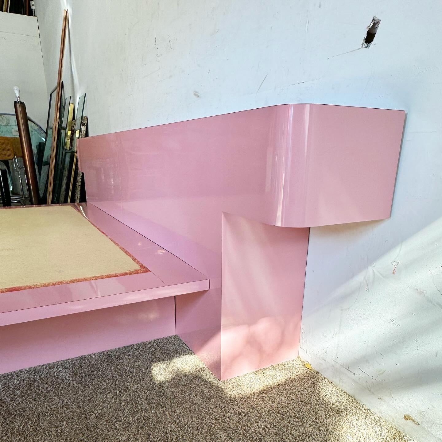 Wood Postmodern Pink Lacquer Laminate King Size Platform Bed and Headboard For Sale