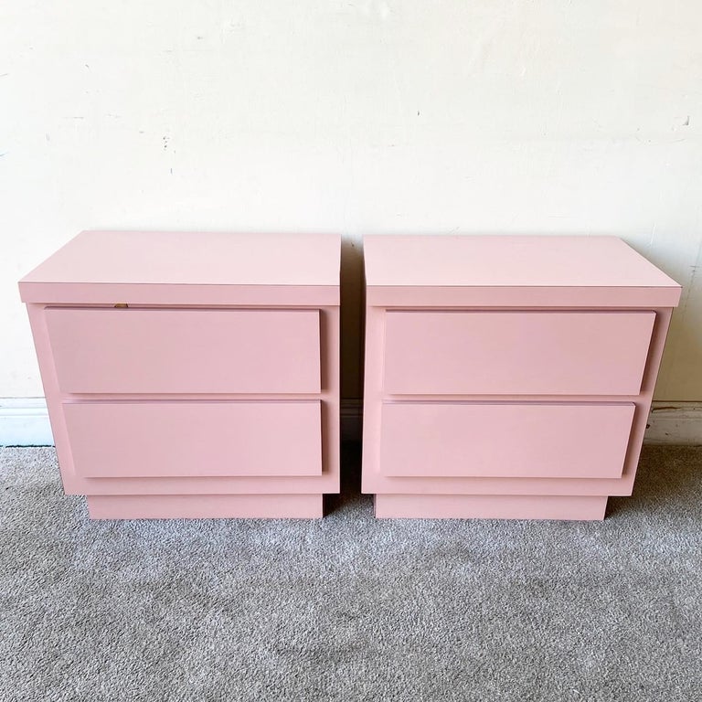 Post-Modern Postmodern Pink Lacquer Laminate Nightstands, a Pair