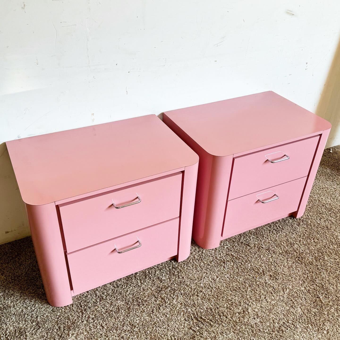 20th Century Postmodern Pink Lacquer Laminate Nightstands With Chrome Handles - a Pair For Sale