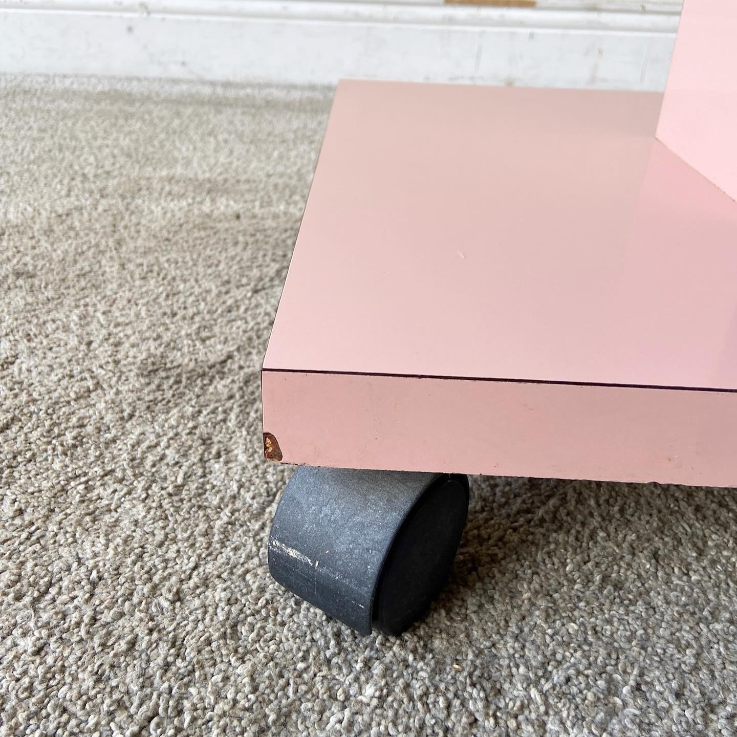 Post-Modern Postmodern Pink Lacquer Laminate Rolling Side Table