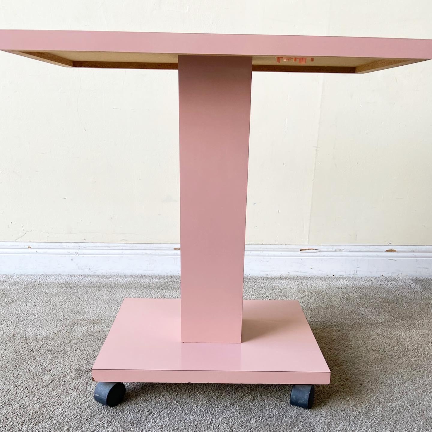 American Postmodern Pink Lacquer Laminate Rolling Side Table