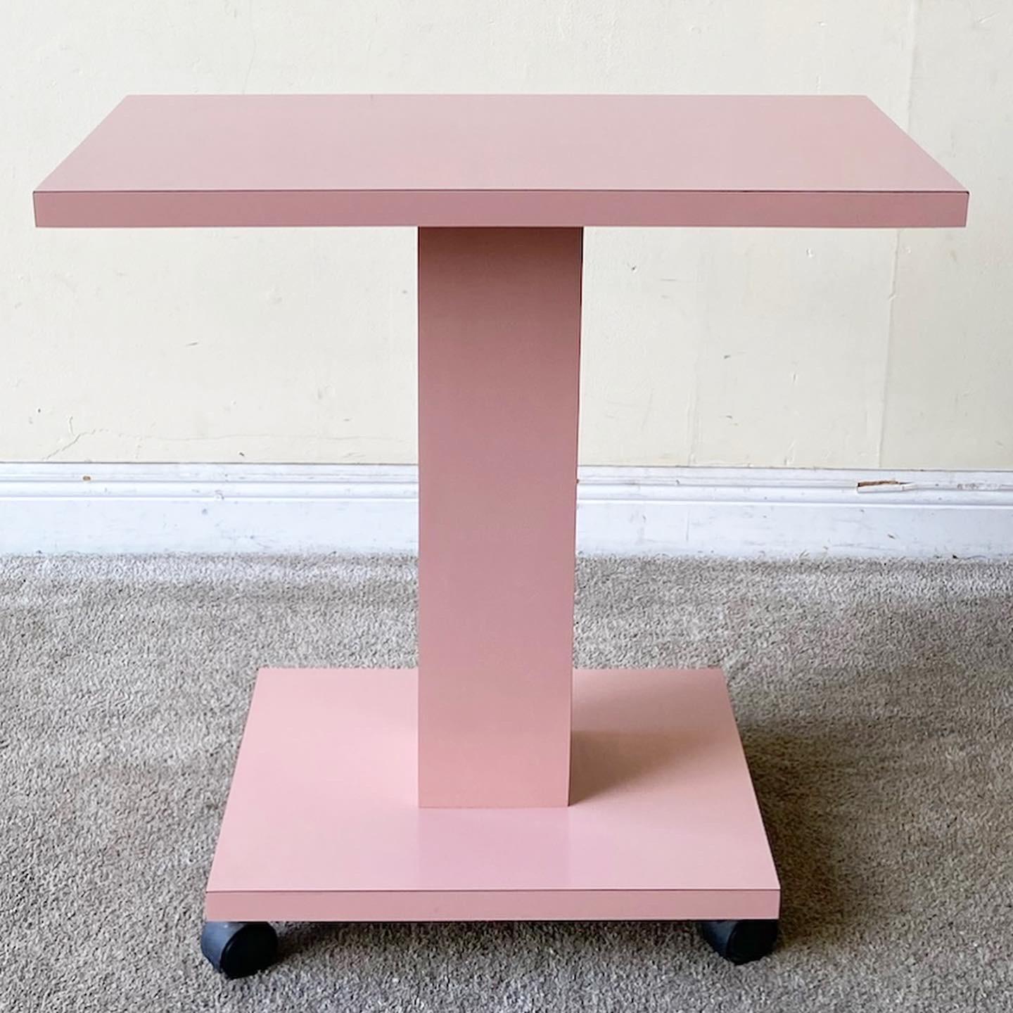 Postmodern Pink Lacquer Laminate Rolling Side Table In Good Condition In Delray Beach, FL