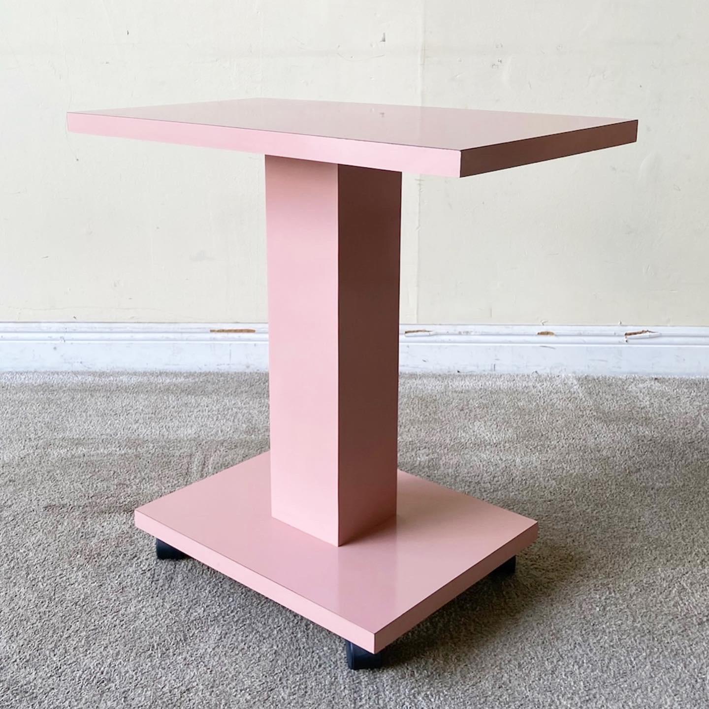 Late 20th Century Postmodern Pink Lacquer Laminate Rolling Side Table