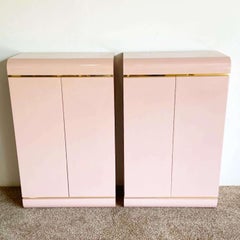 Postmodern Pink Lacquer Laminate Waterfall Cabinets - a Pair