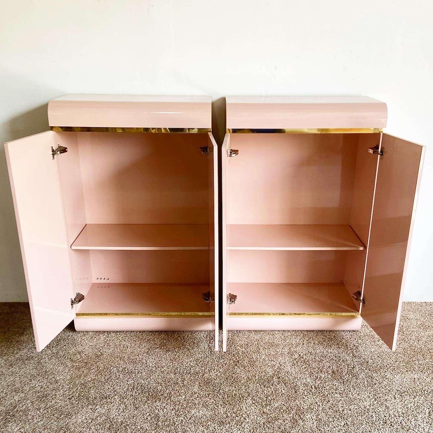 American Postmodern Pink Lacquer Laminate Waterfall Cabinets - a Pair
