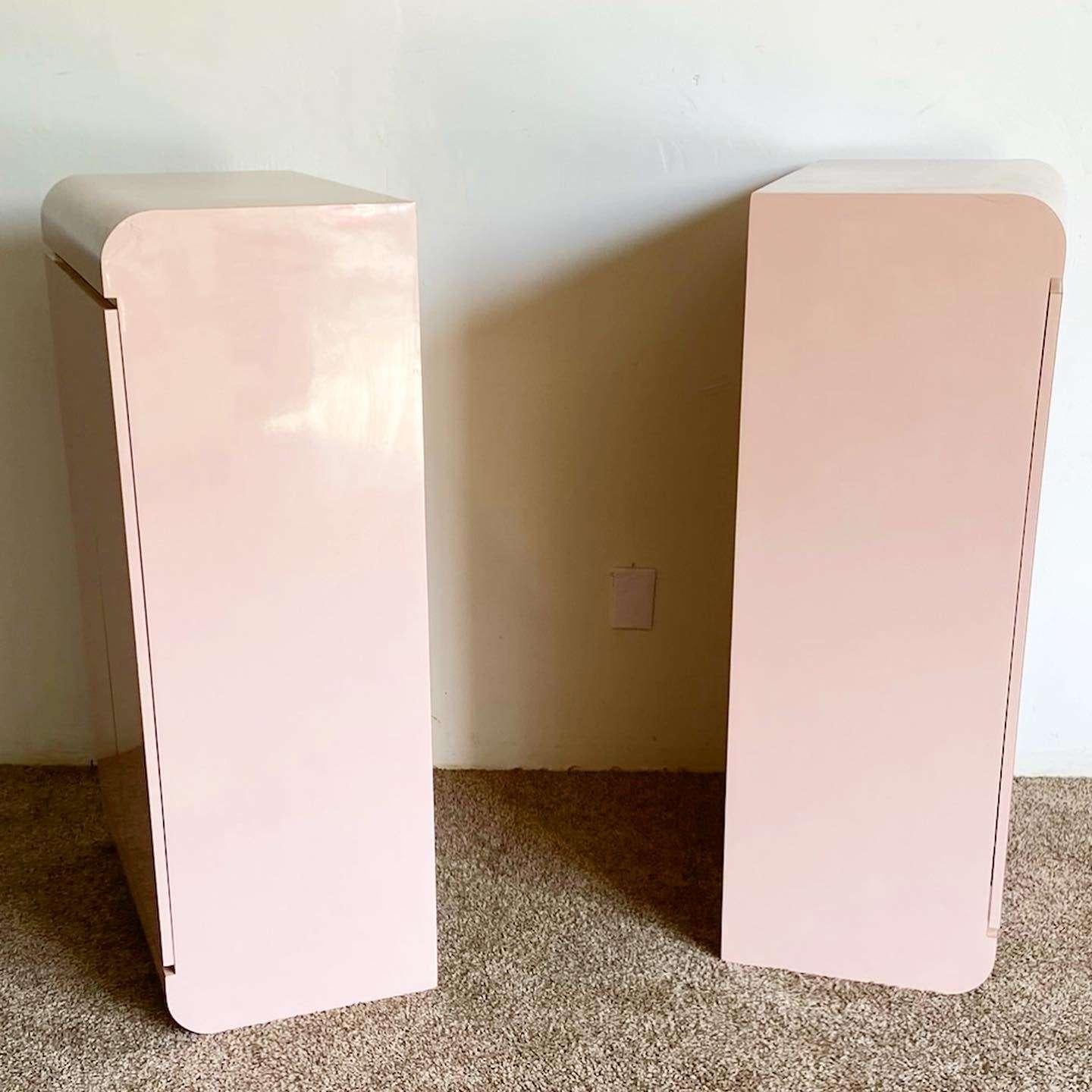 Postmodern Pink Lacquer Laminate Waterfall Cabinets - a Pair In Good Condition In Delray Beach, FL