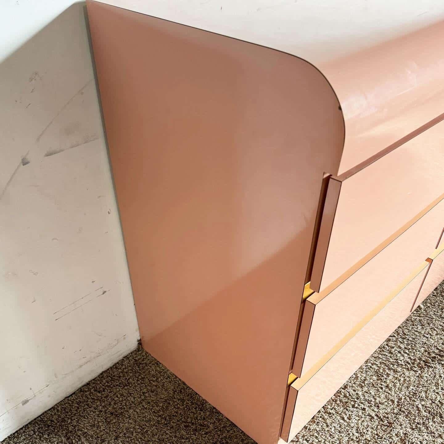 American Postmodern Pink Lacquer Laminate Waterfall Dresser With Gold Accents