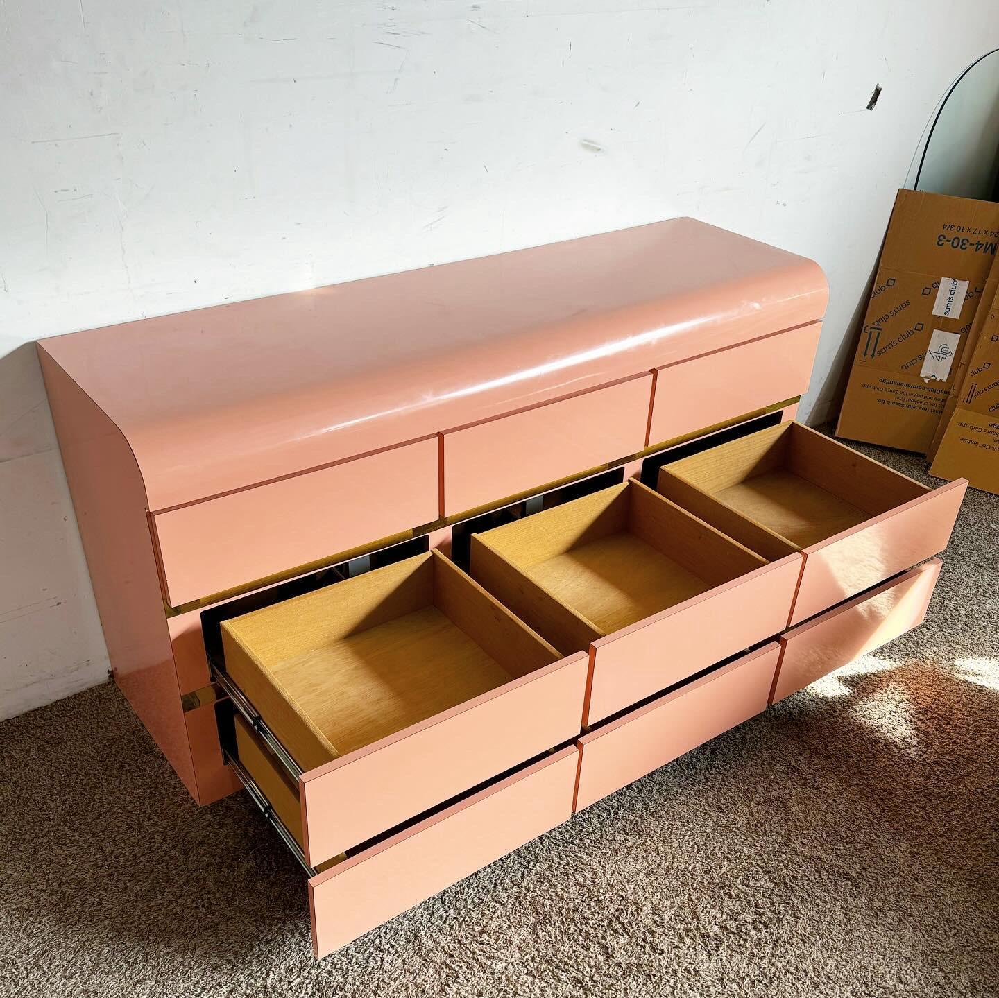 Wood Postmodern Pink Lacquer Laminate Waterfall Dresser With Gold Accents