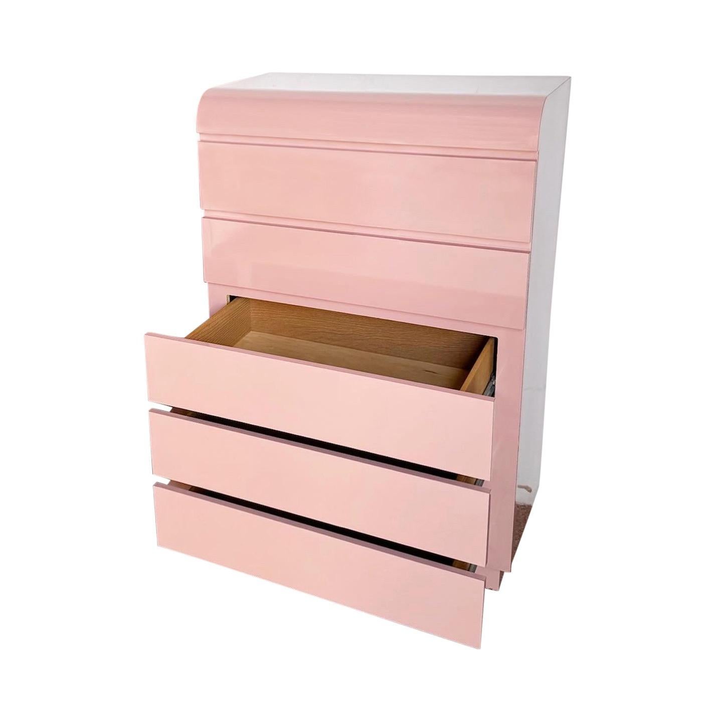 American Postmodern Pink Lacquer Laminate Waterfall Highboy Dresser For Sale