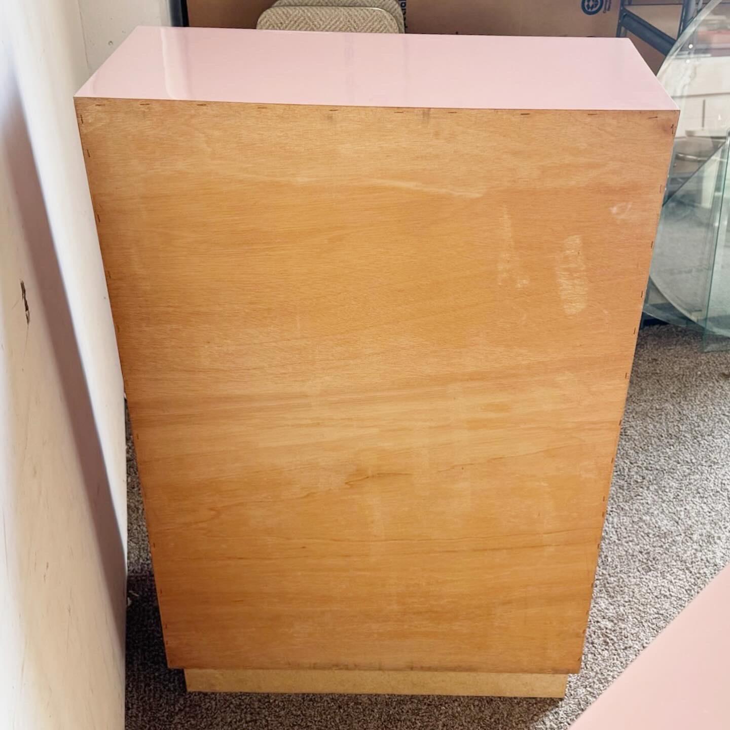 Wood Postmodern Pink Lacquer Laminate Waterfall Highboy Dresser For Sale