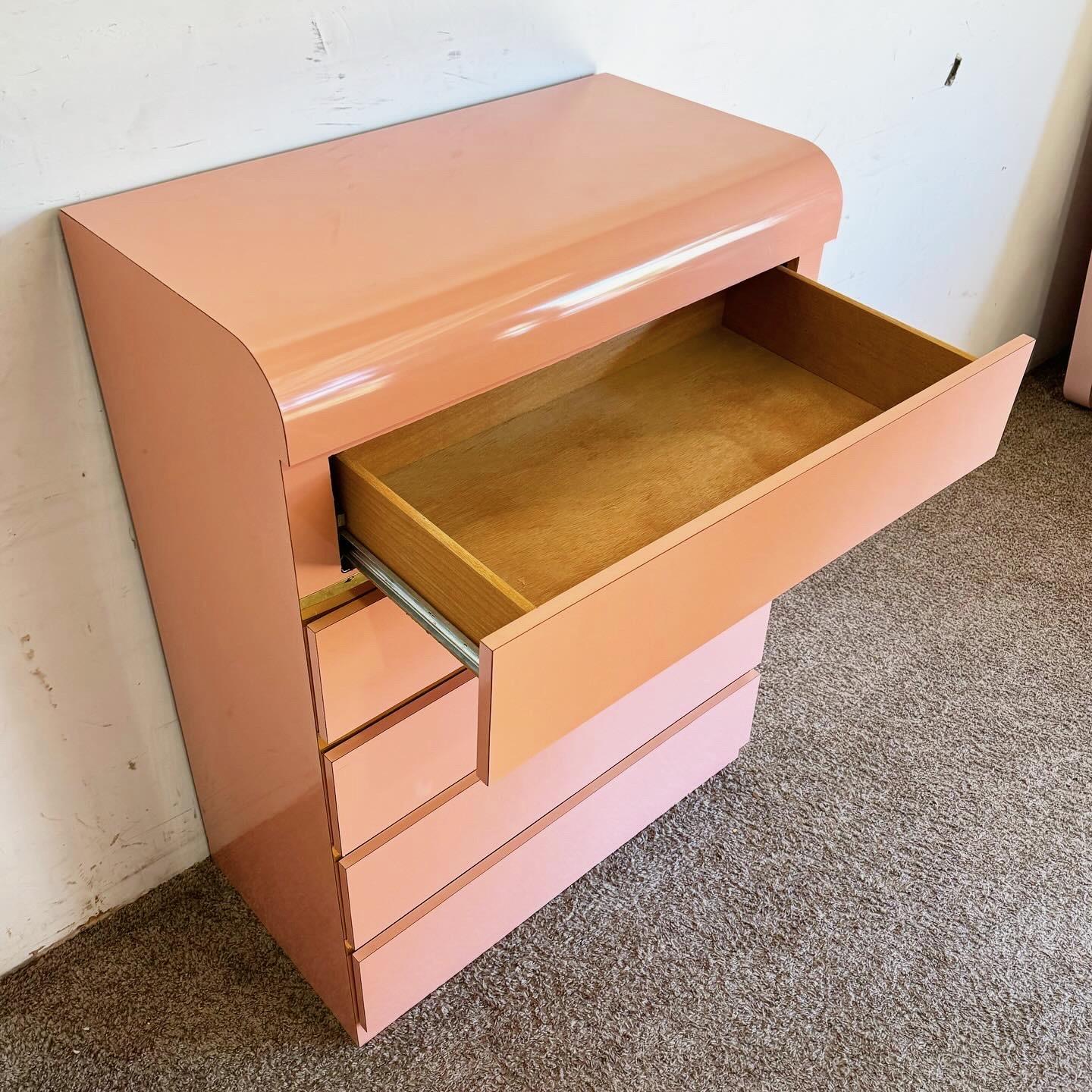 Postmodern Pink Lacquer Laminate Waterfall Highboy Dresser With Gold Accents For Sale 4