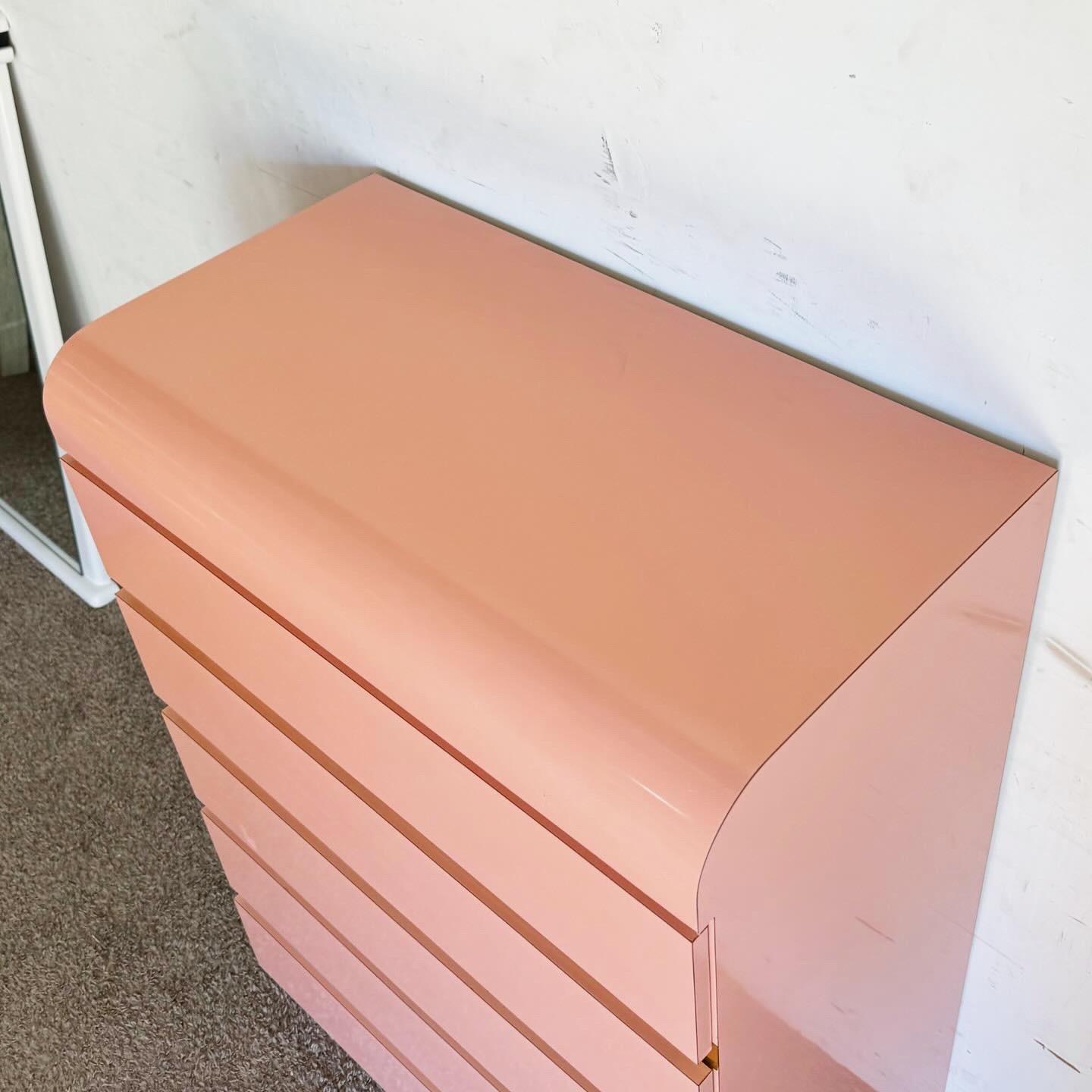 American Postmodern Pink Lacquer Laminate Waterfall Highboy Dresser With Gold Accents For Sale