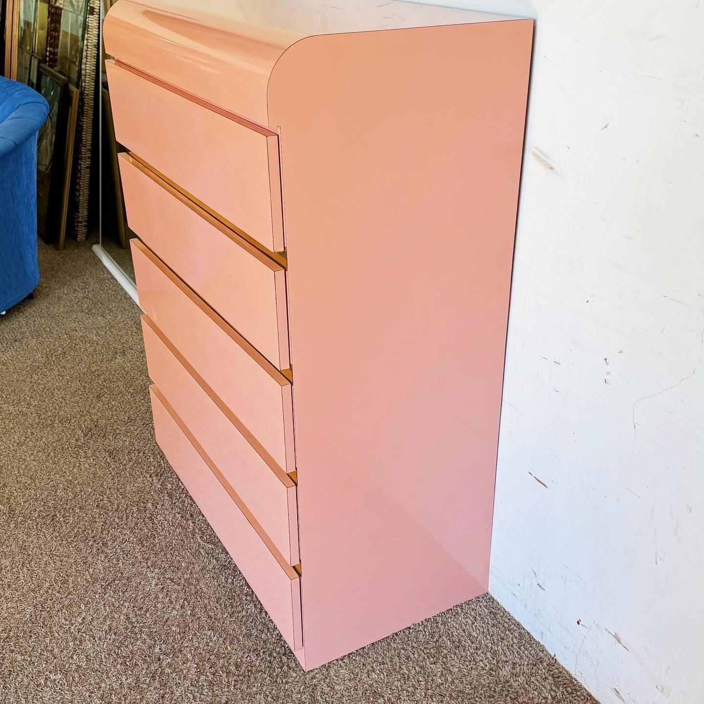 Postmodern Pink Lacquer Laminate Waterfall Highboy Dresser With Gold Accents In Good Condition For Sale In Delray Beach, FL