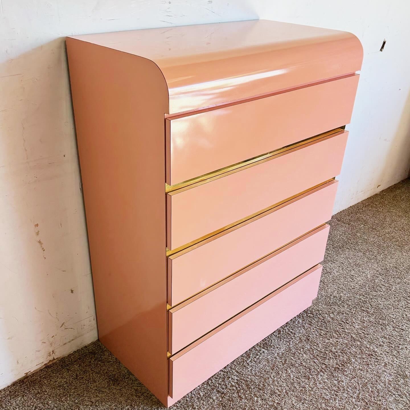 Late 20th Century Postmodern Pink Lacquer Laminate Waterfall Highboy Dresser With Gold Accents For Sale