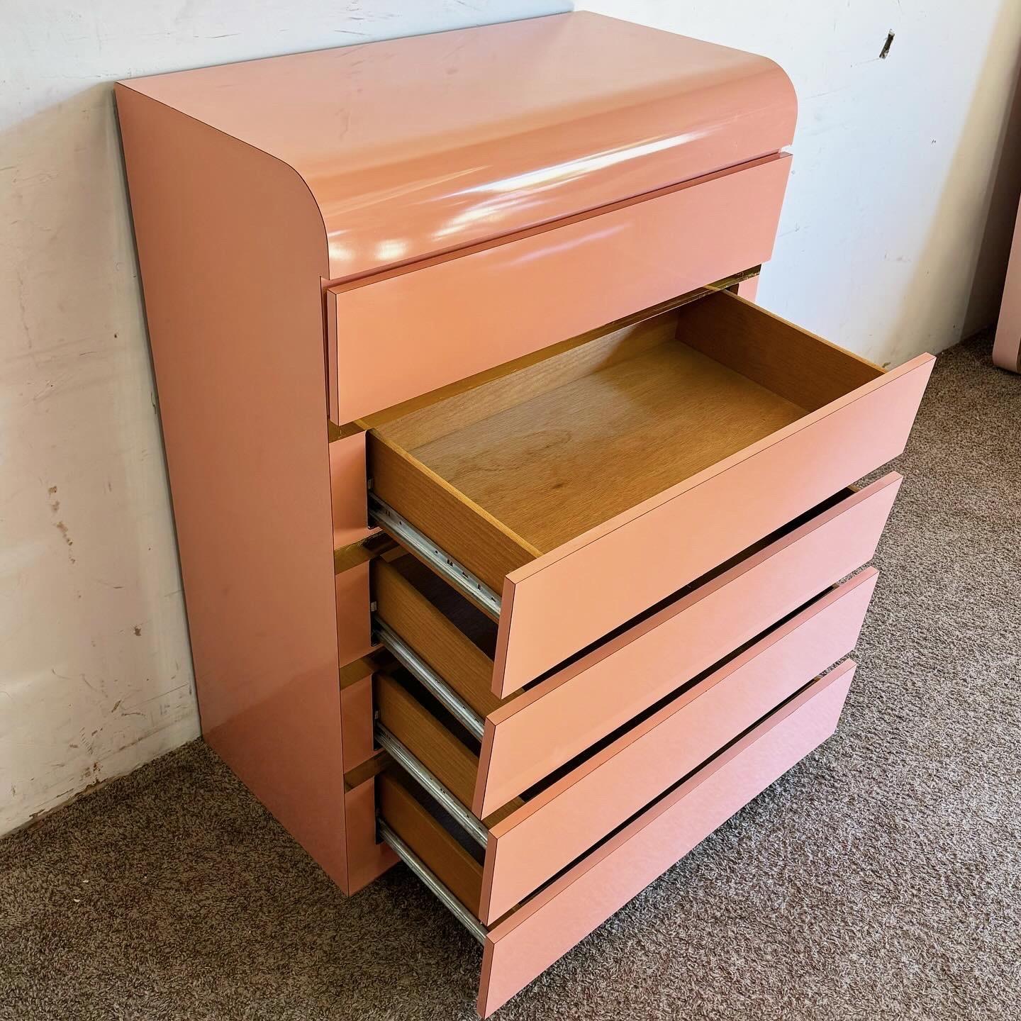 Wood Postmodern Pink Lacquer Laminate Waterfall Highboy Dresser With Gold Accents For Sale