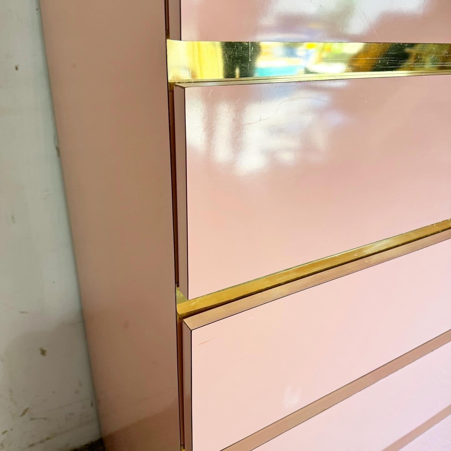 Postmodern Pink Lacquer Laminate Waterfall Highboy Dresser With Gold Accents For Sale 1