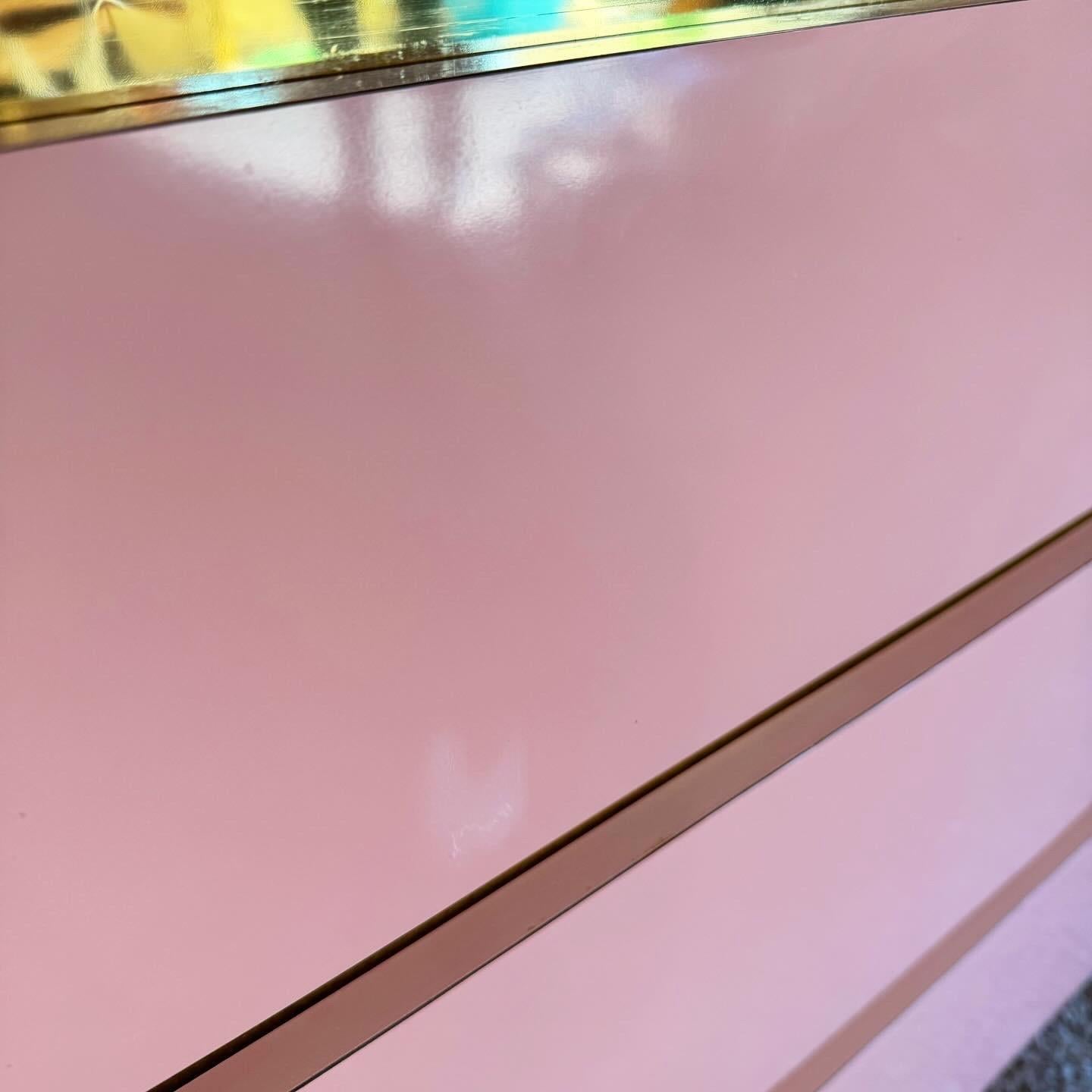 Postmodern Pink Lacquer Laminate Waterfall Highboy Dresser With Gold Accents For Sale 3