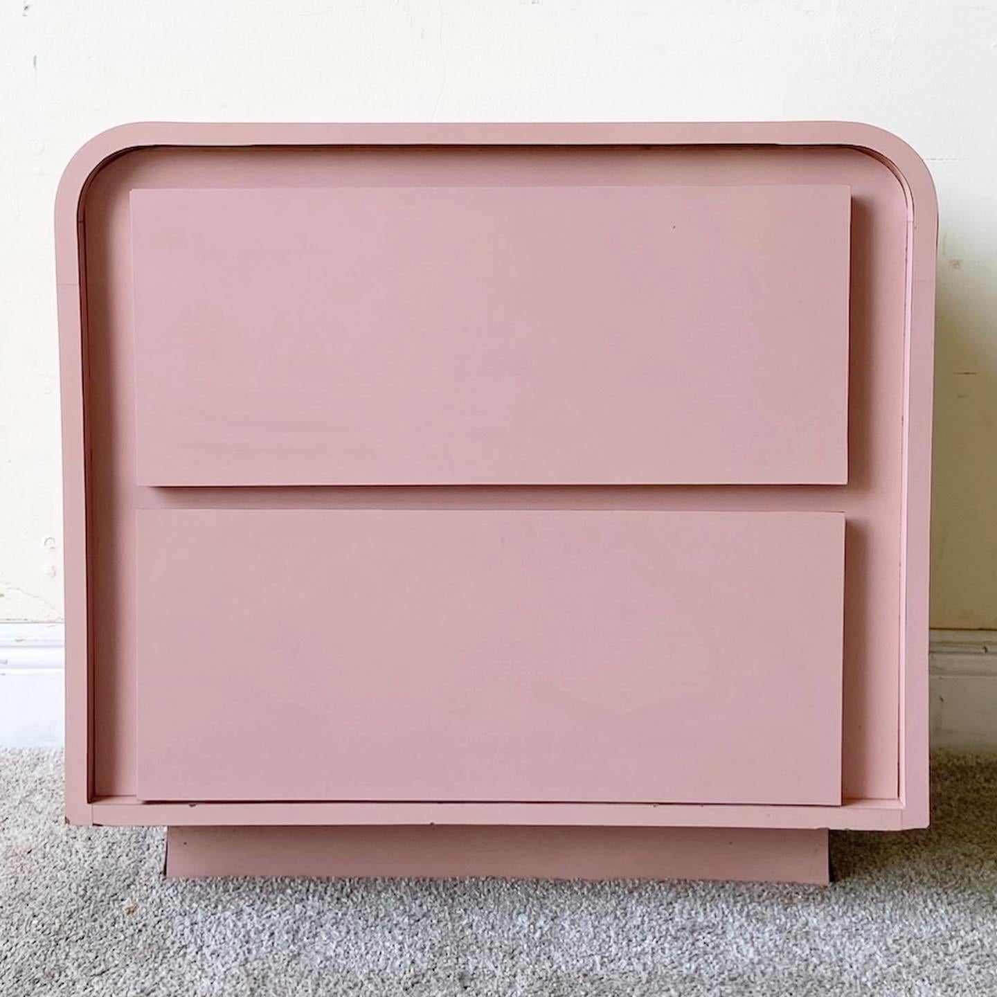 Late 20th Century Postmodern Pink Lacquer Laminate Waterfall Nightstand