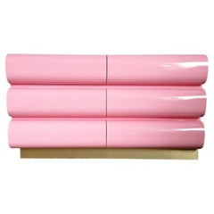 Postmodern Pink Lacquered Bullnose Dresser With Gold Accent - 6 Drawer