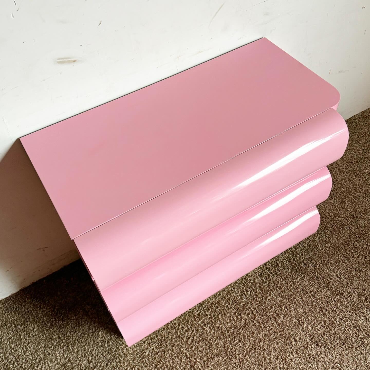 Post-Modern Postmodern Pink Lacquered Curved Bullnose Chest of Drawers With Gold Accent For Sale