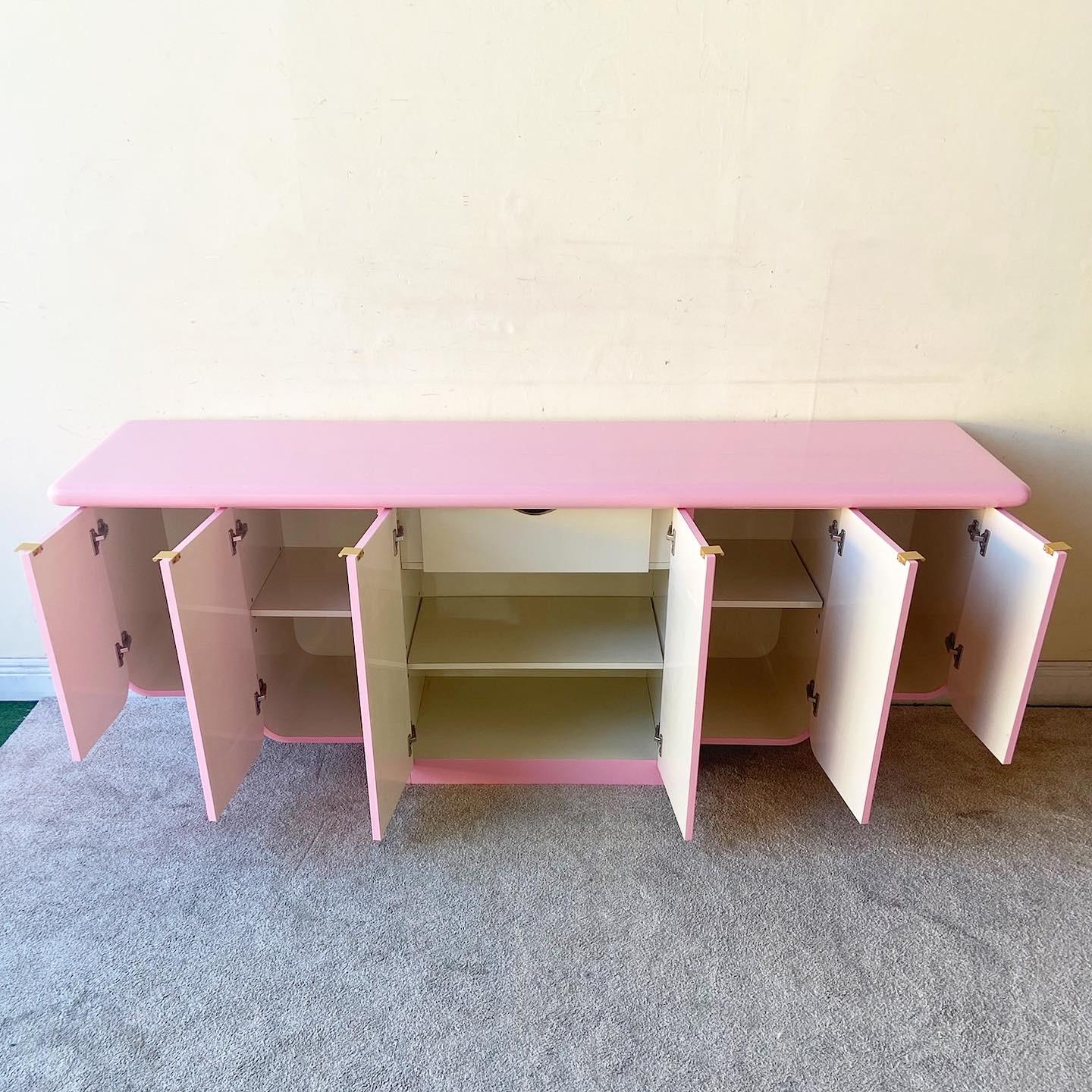 Post-Modern Postmodern Pink Lacquered Tiered Floating Credenza with Gold Handles