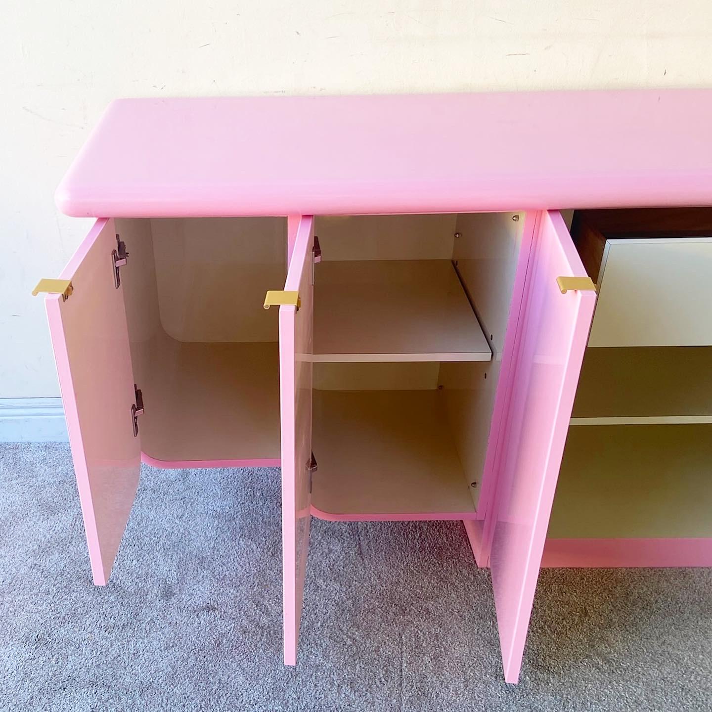 American Postmodern Pink Lacquered Tiered Floating Credenza with Gold Handles