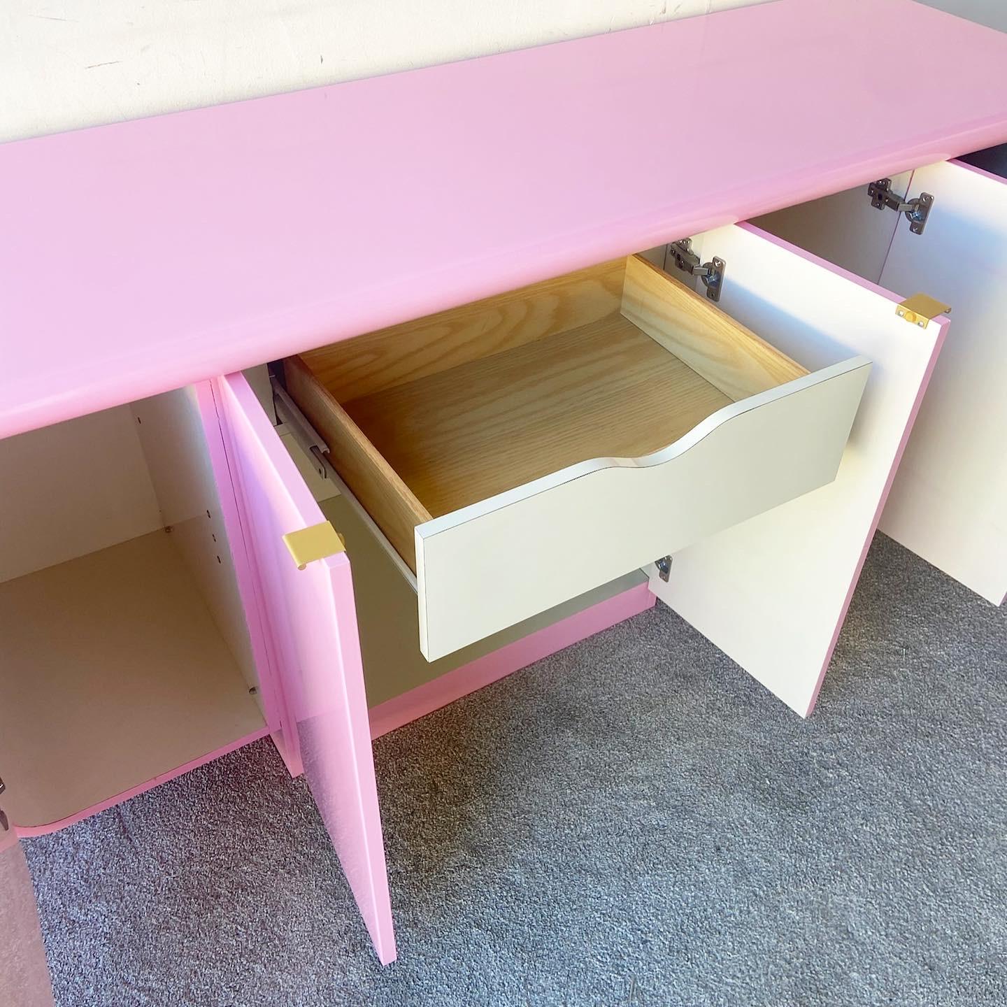 Postmodern Pink Lacquered Tiered Floating Credenza with Gold Handles In Good Condition In Delray Beach, FL