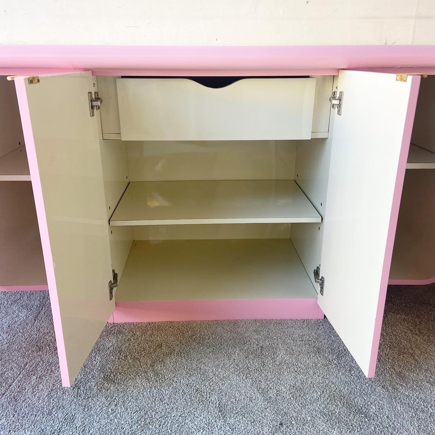 Late 20th Century Postmodern Pink Lacquered Tiered Floating Credenza with Gold Handles