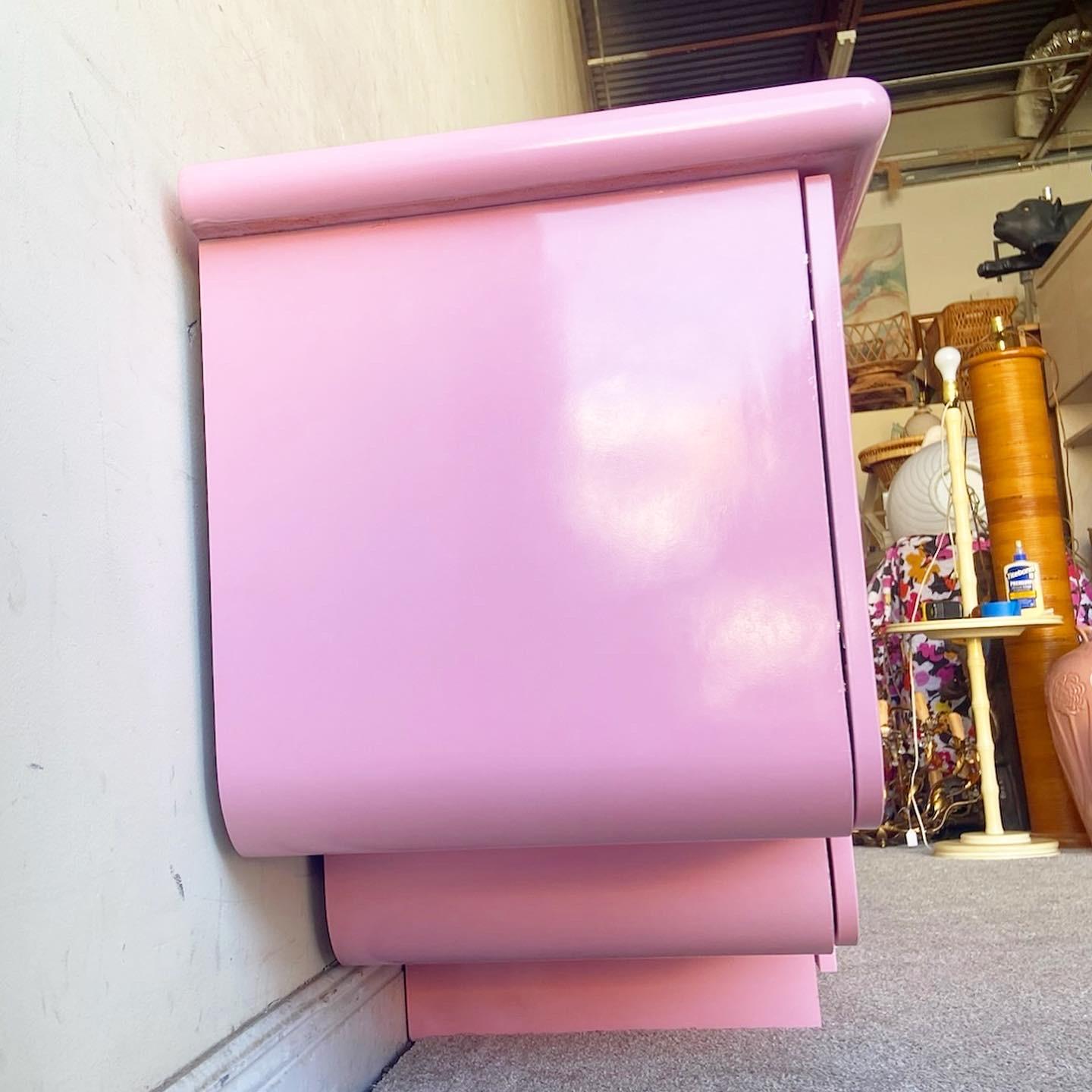 Laminate Postmodern Pink Lacquered Tiered Floating Credenza with Gold Handles