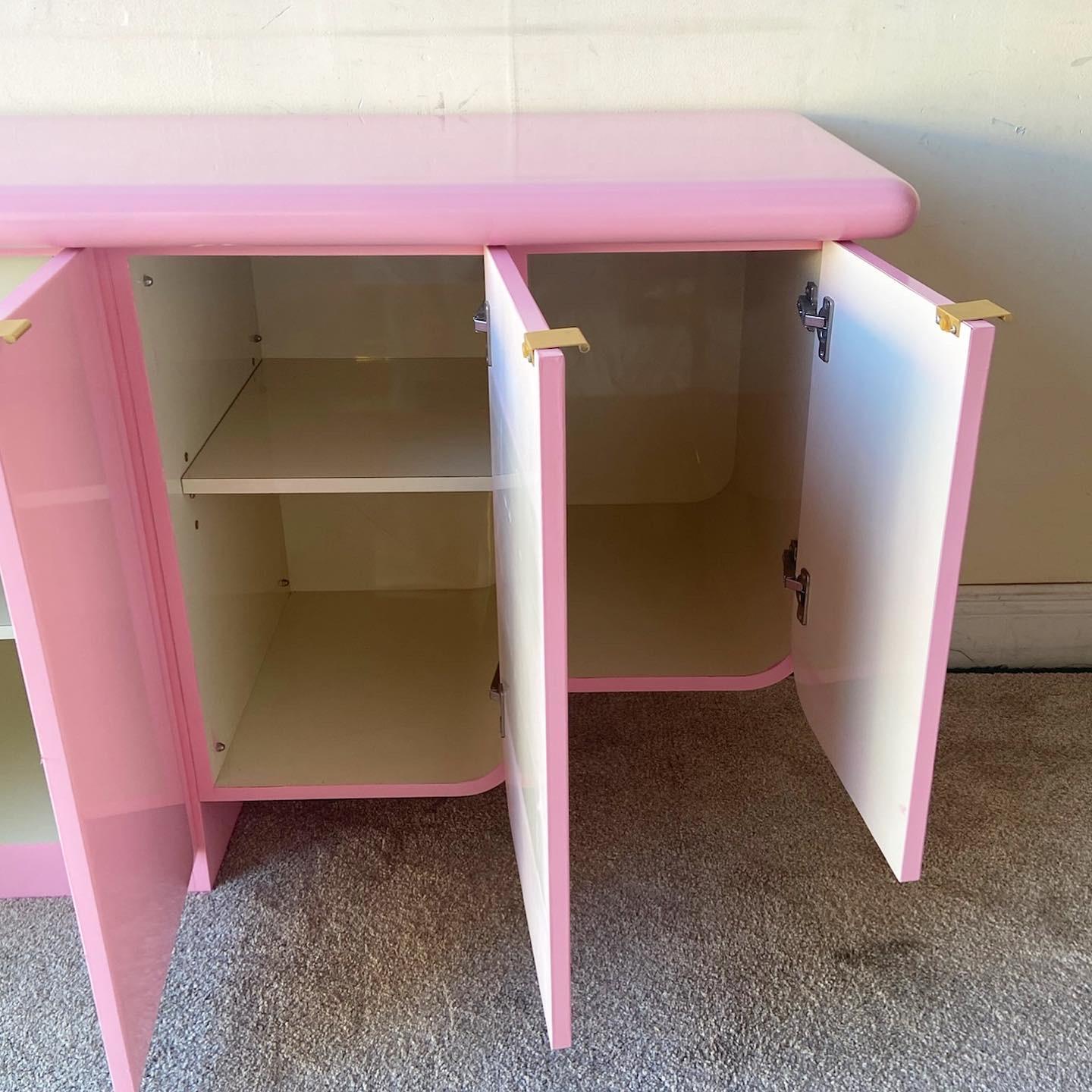 Postmodern Pink Lacquered Tiered Floating Credenza with Gold Handles 1