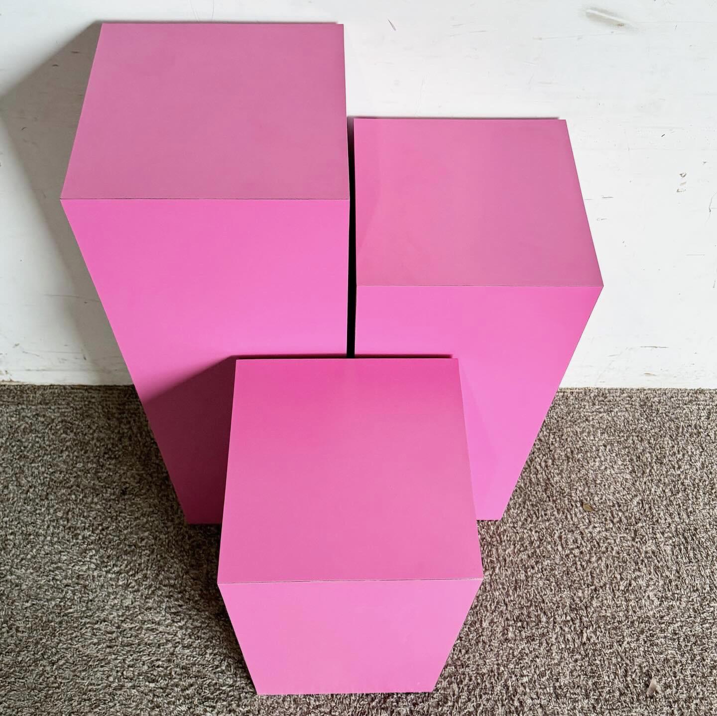 American Postmodern Pink Matte Laminate Ascending Rectangular Pedestal Set - Set of 3 For Sale