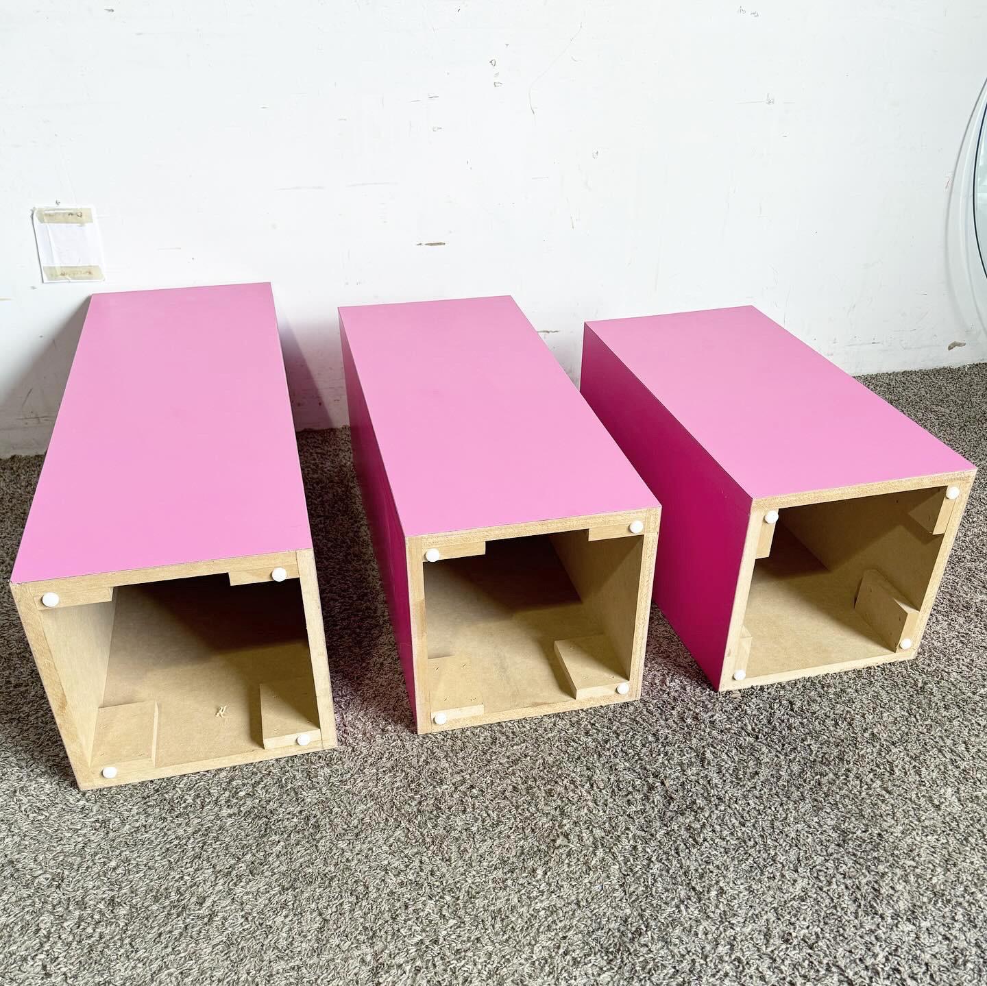 Postmodern Pink Matte Laminate Ascending Rectangular Pedestal Set - Set of 3 In Good Condition For Sale In Delray Beach, FL