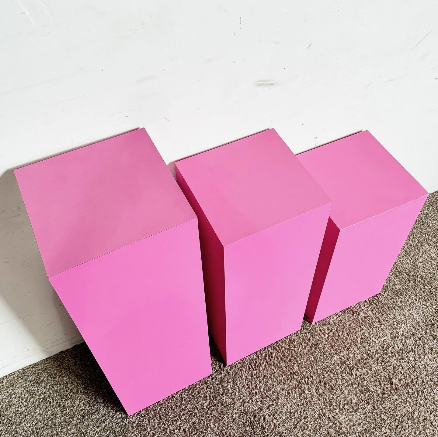 Wood Postmodern Pink Matte Laminate Ascending Rectangular Pedestal Set - Set of 3 For Sale