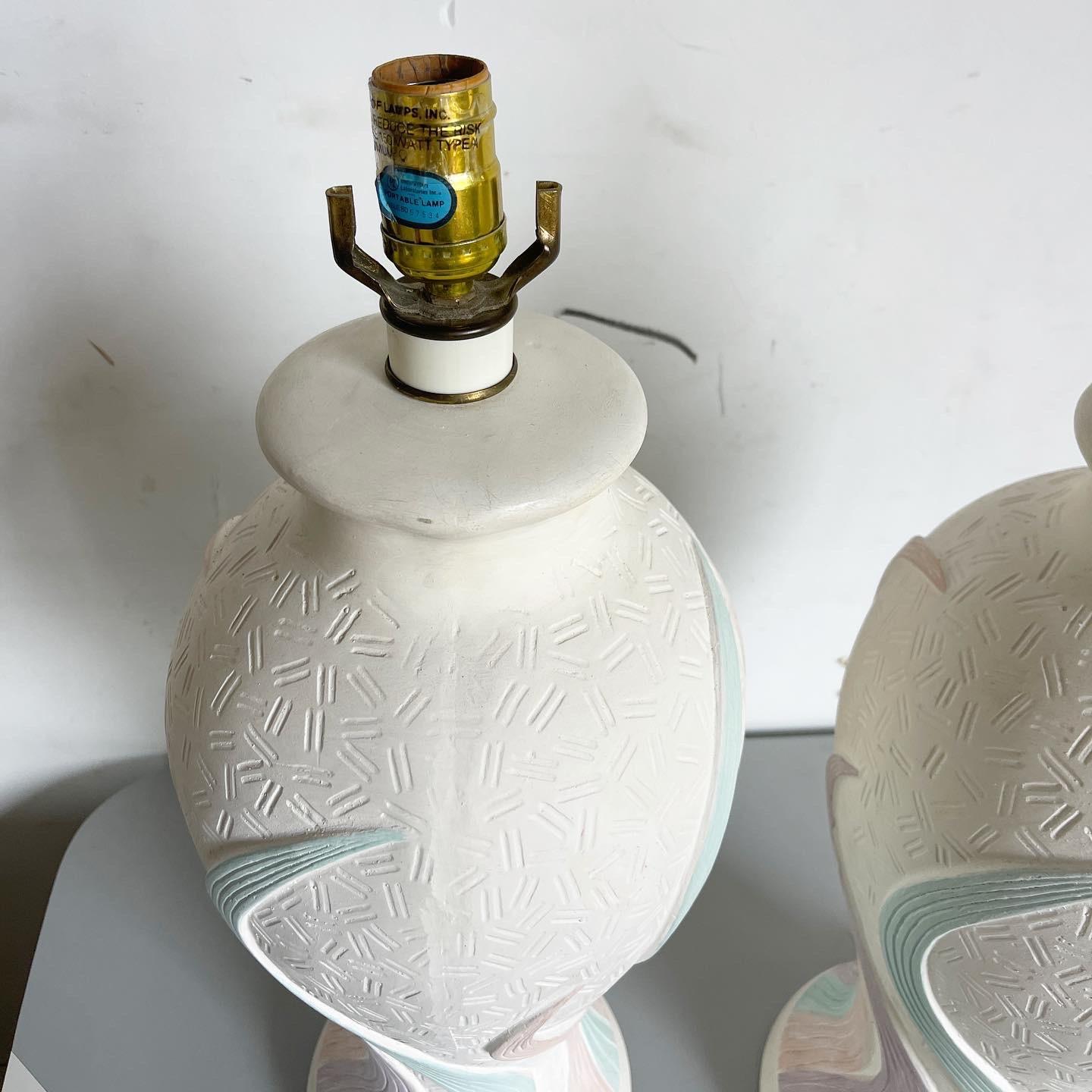 Postmodern Pink Purple and White Table Lamps - a Pair In Good Condition For Sale In Delray Beach, FL