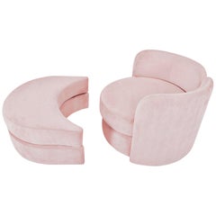 Retro Postmodern Pink Swivel Chair with Rolling Ottoman