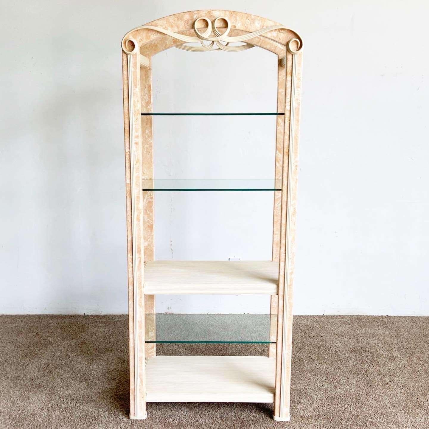 Excellent vintage postmodern Etagere with 3 glass shelves and one pencil reed shelf. Features a pink tessellated stone and pencil reed frame with ribboned accents.