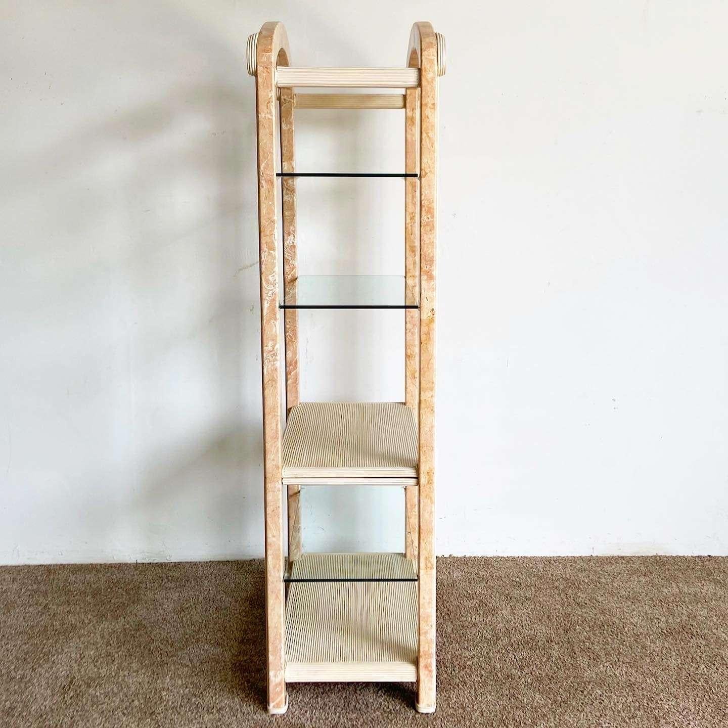 Postmodern Pink Tessellated Stone and Pencil Reed Etagere In Good Condition For Sale In Delray Beach, FL