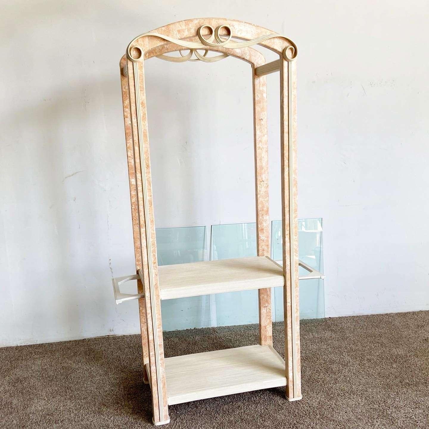 Postmodern Pink Tessellated Stone and Pencil Reed Etagere For Sale 2