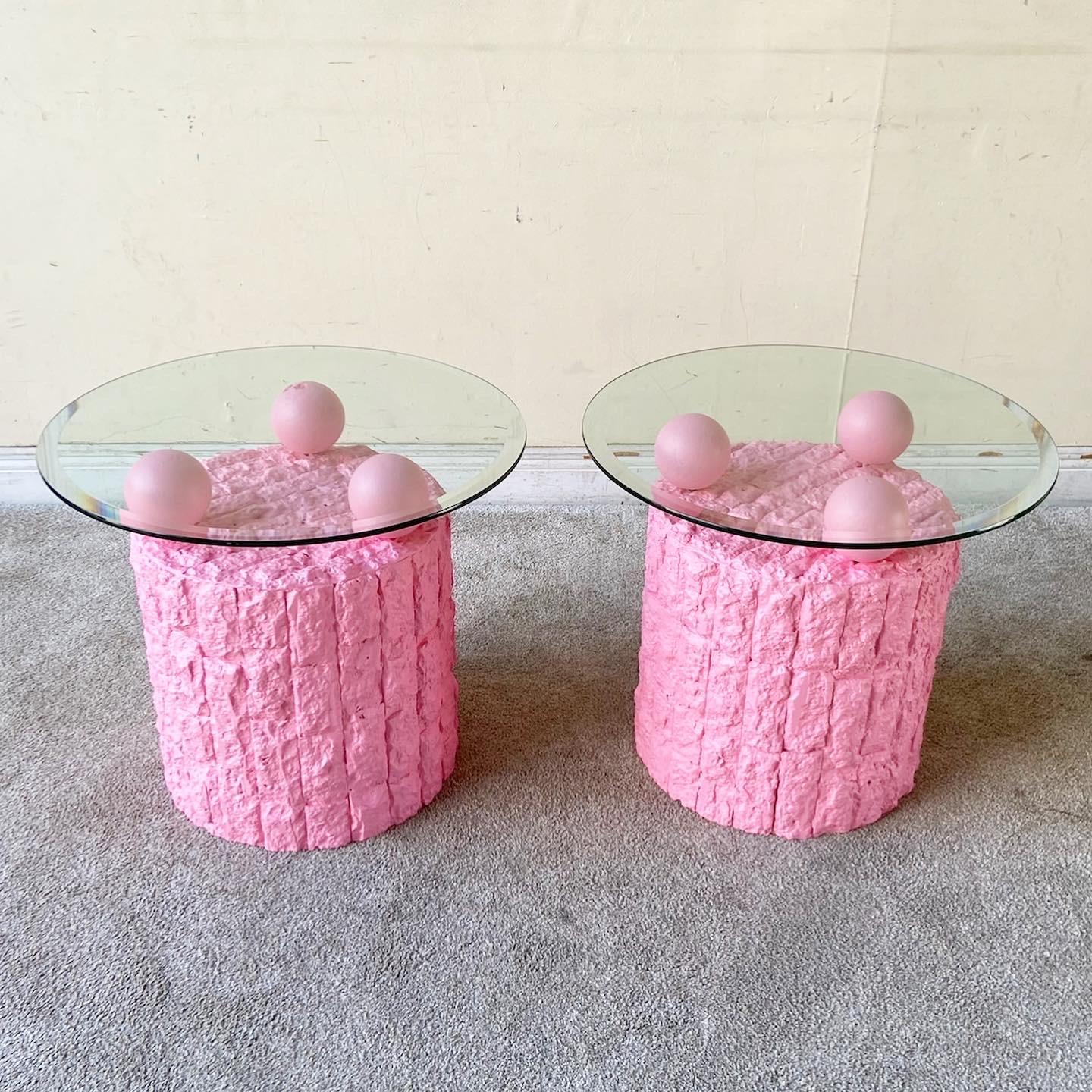 Post-Modern Postmodern Pink Tessellated Stone Beveled Glass Top Circular Side Tables