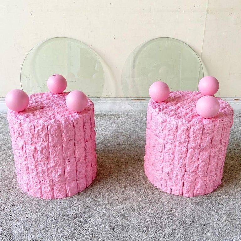 Postmodern Pink Tessellated Stone Beveled Glass Top Circular Side