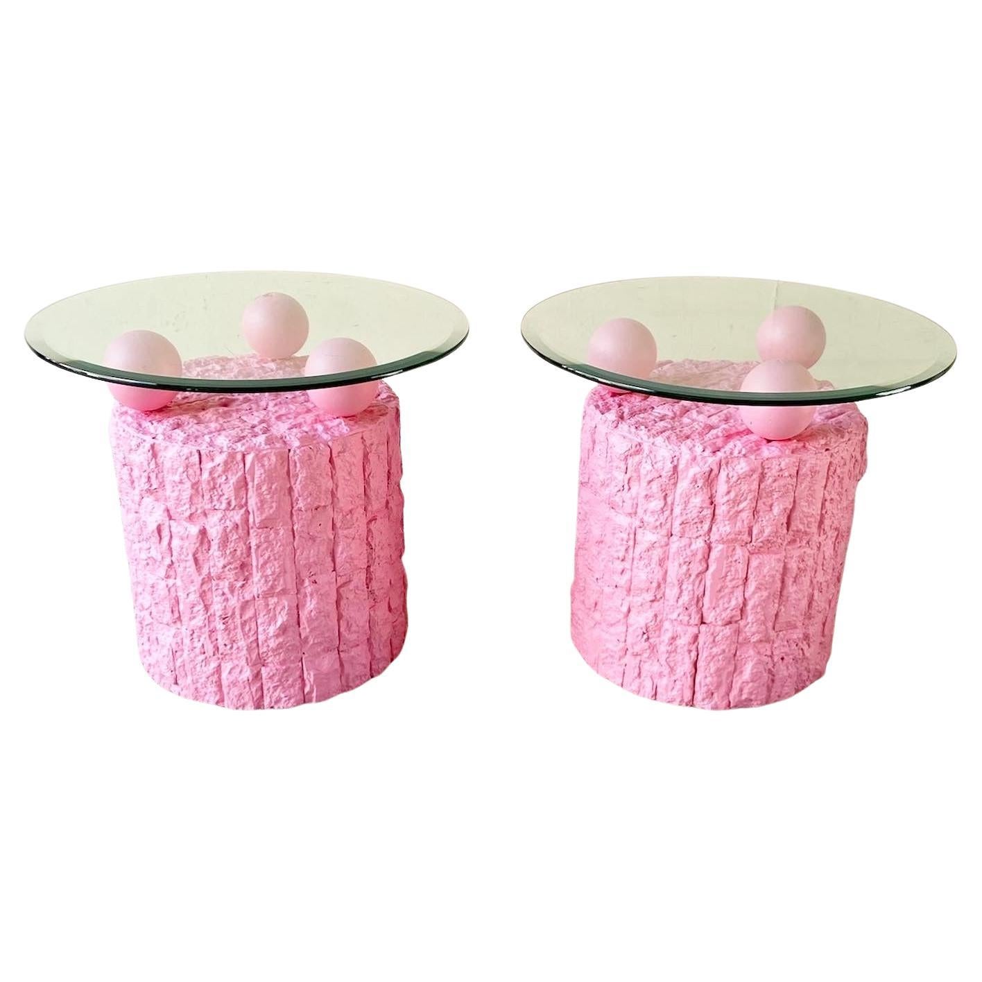 Postmodern Pink Tessellated Stone Beveled Glass Top Circular Side Tables