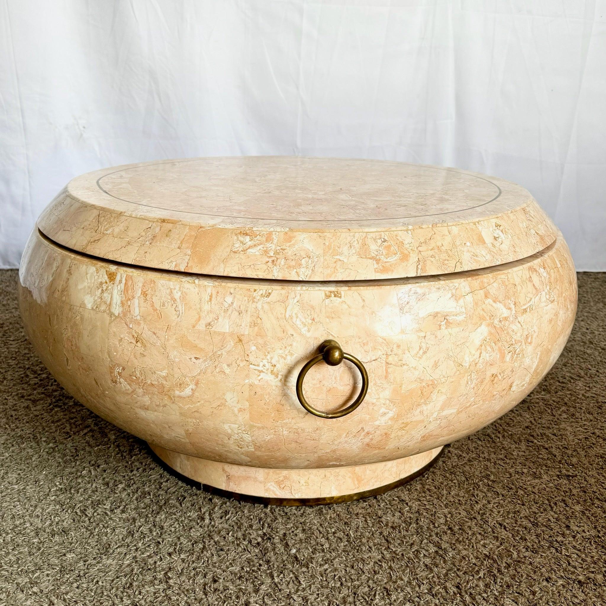 Late 20th Century Postmodern Pink Tessellated Stone Swivel Top Coffee Table w/ Extension & Inlay For Sale