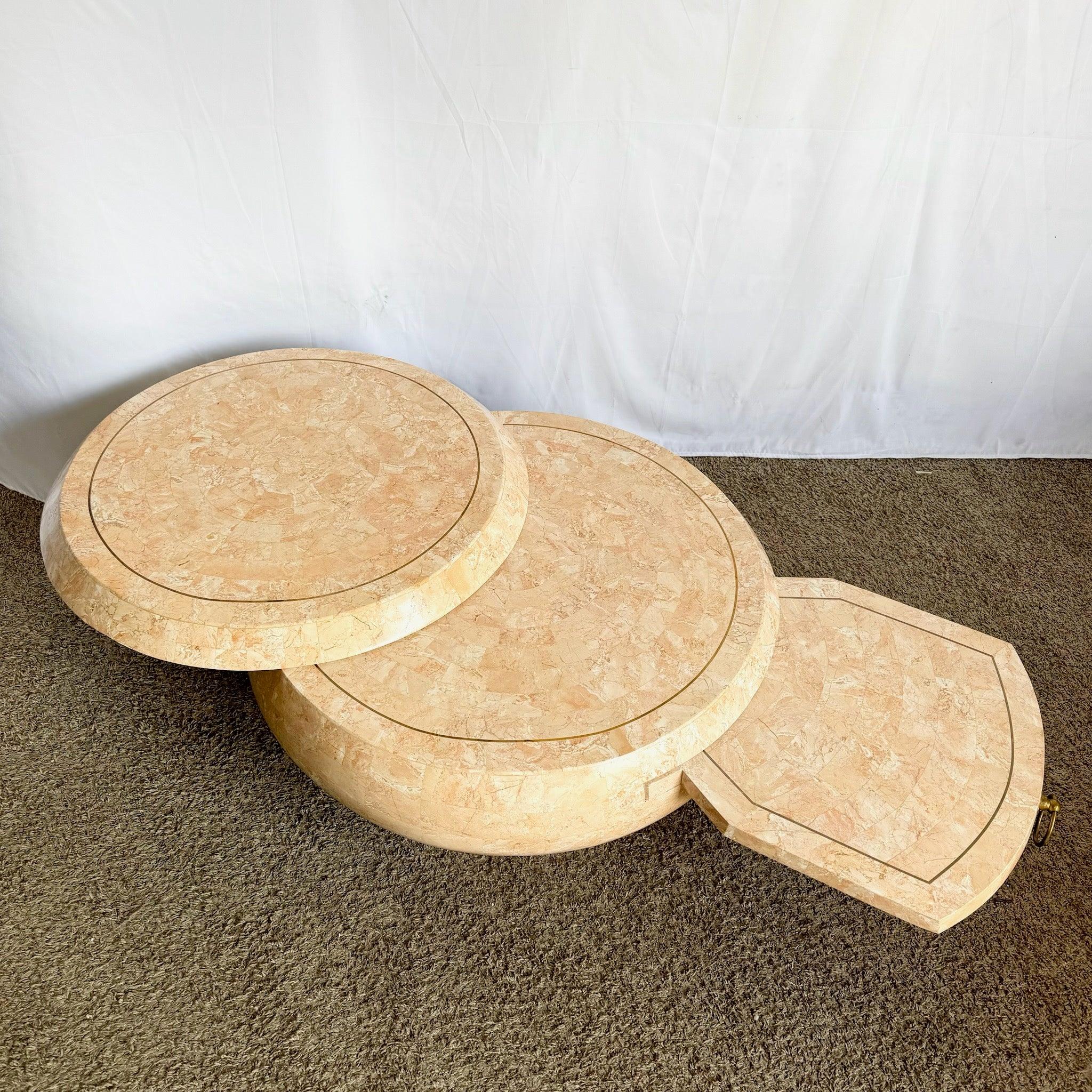 Postmodern Pink Tessellated Stone Swivel Top Coffee Table w/ Extension & Inlay For Sale 2