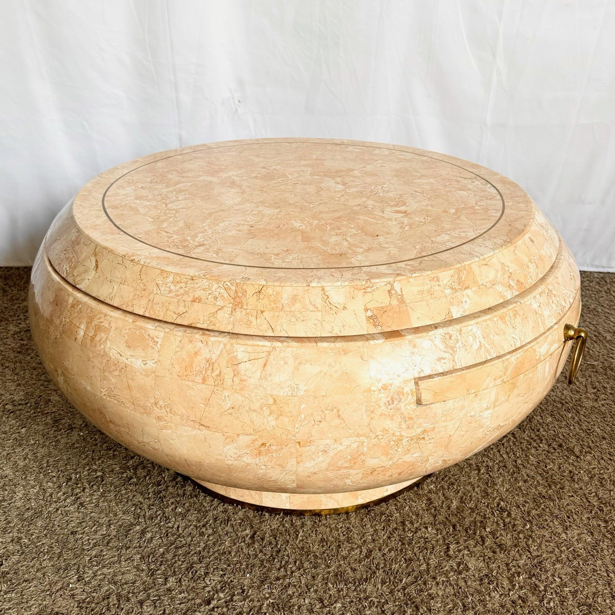 Postmodern Pink Tessellated Stone Swivel Top Coffee Table w/ Extension & Inlay For Sale 4