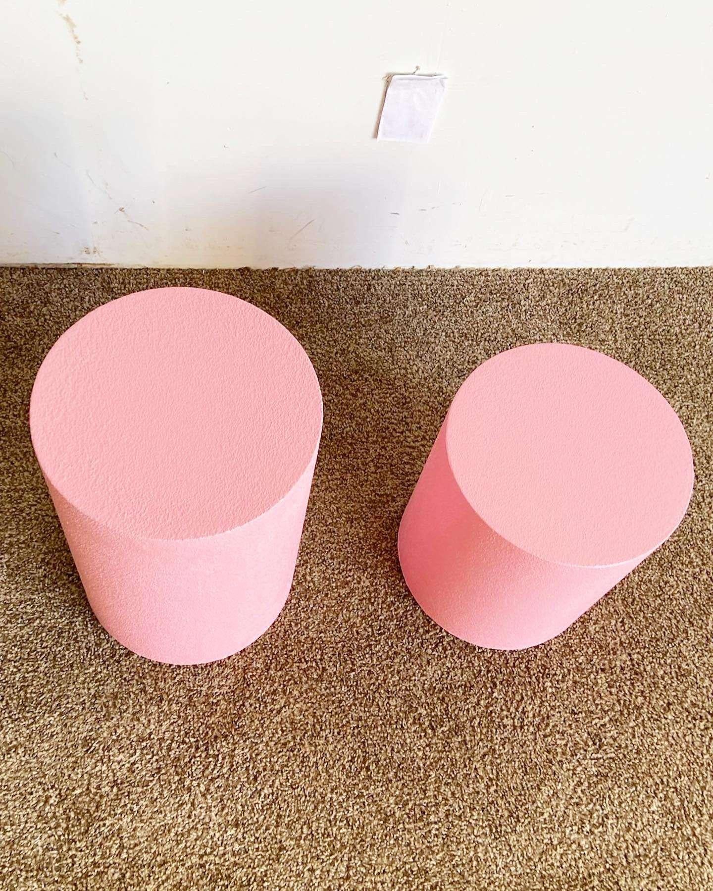 Post-Modern Postmodern Pink Textured Finish Cylindrical Pedestals - a Pair For Sale