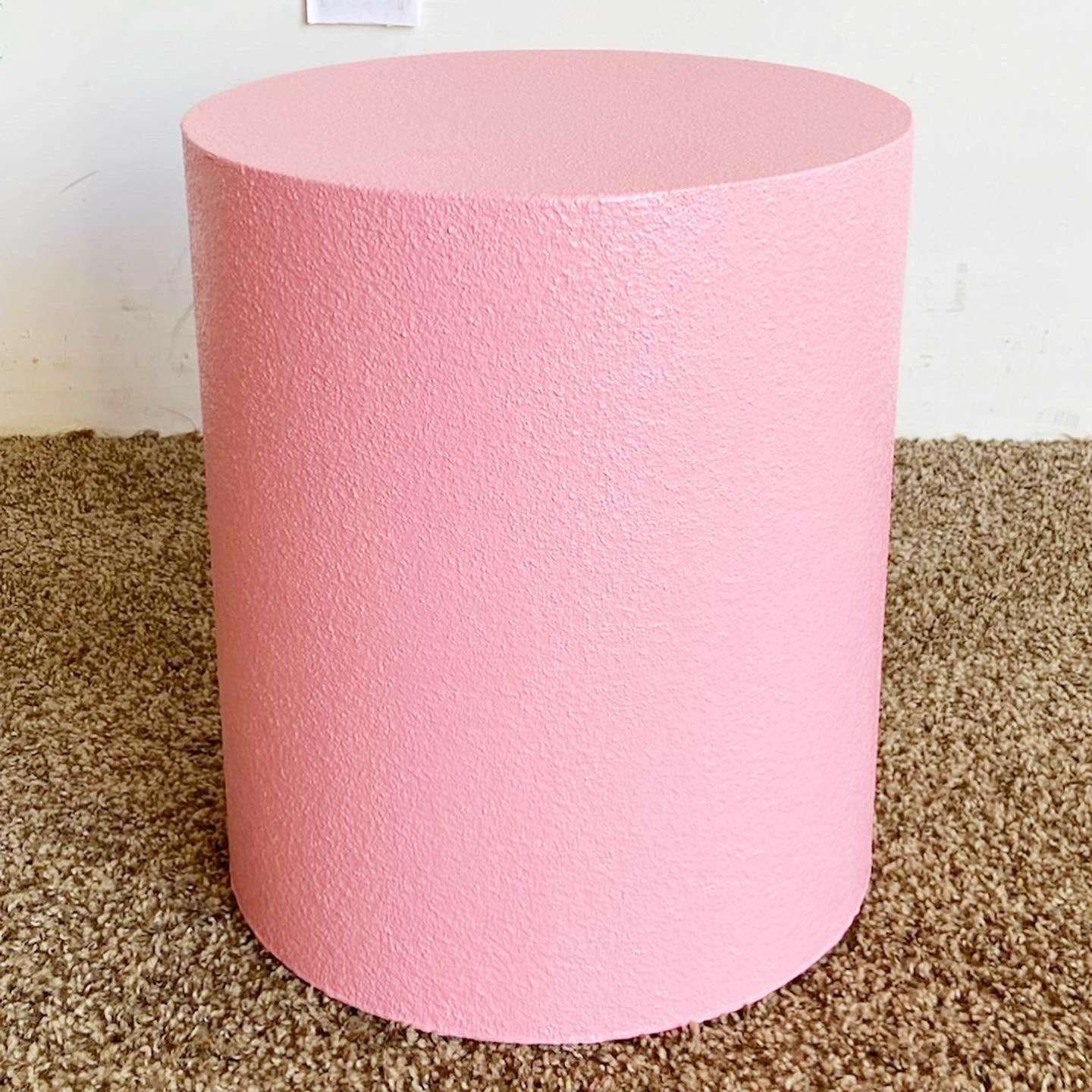 Postmodern Pink Textured Finish Cylindrical Pedestals - a Pair In Good Condition For Sale In Delray Beach, FL